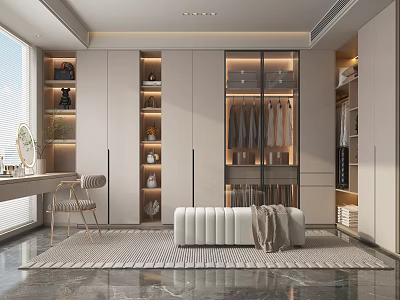 Modern Walk In Closet With Cabinets Bench And Dressing Table 3d model