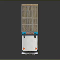 White Blue and Yellow Cargo Truck With Open Bed Metal Railings And Multiple Wheels