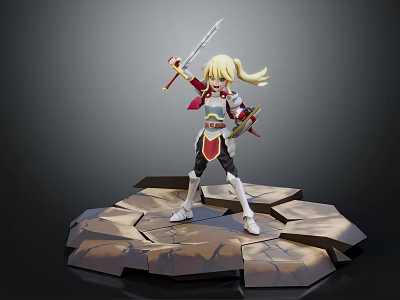 Blonde Haired Warrior Character Holding Sword In Red And Gold Outfit On Cracked Rock Platform 3d model