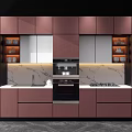 Modern Kitchen Interior With Wooden Cabinets Black Panel Marble Countertop And Lighting