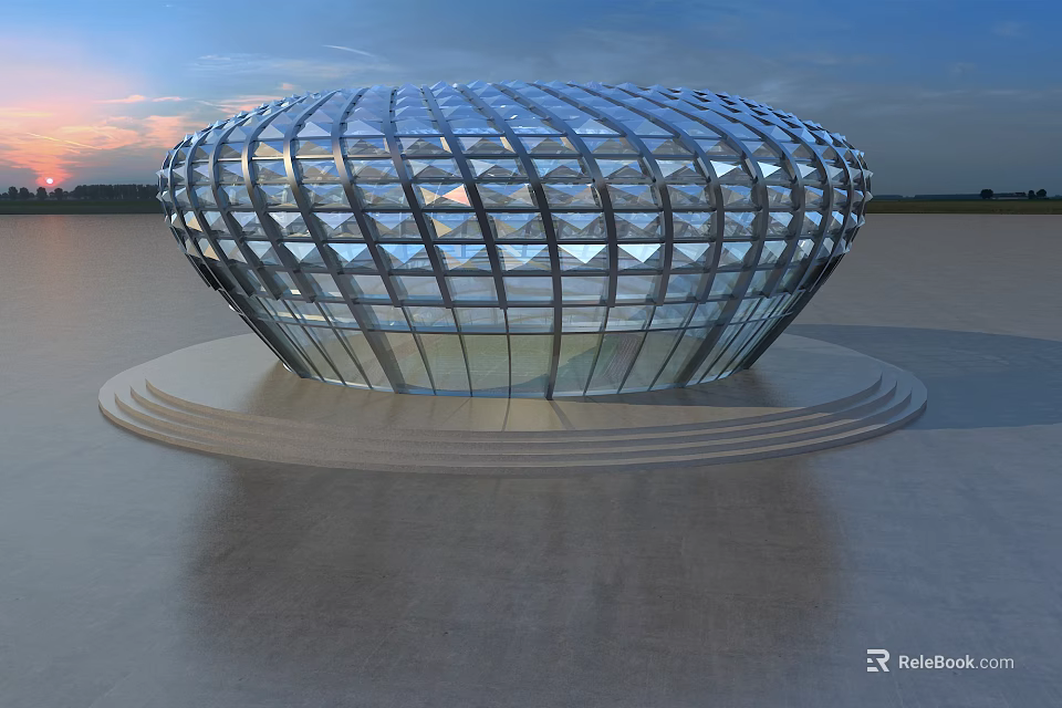 Contemporary Circular Glass Building With Geometric Design By Waterfront At Sunset 3d model 