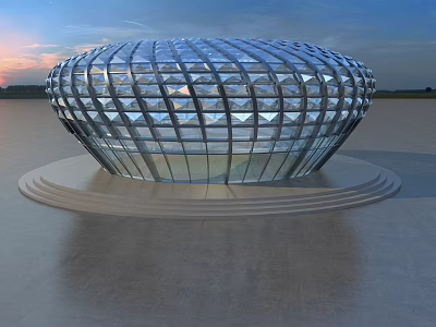 Contemporary Circular Glass Building With Geometric Design By Waterfront At Sunset 3d model