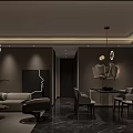 Modern Luxury Dark Toned Open Living And Dining Room Interior Design With Ambient Lighting