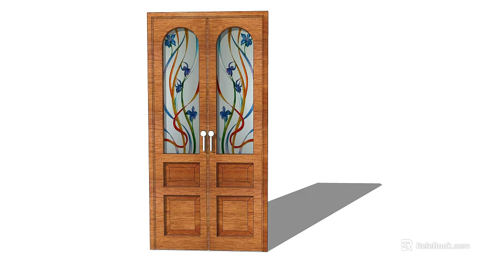 Wooden Double Doors With Stained Glass Panels And Colorful Floral Patterns 3d model 