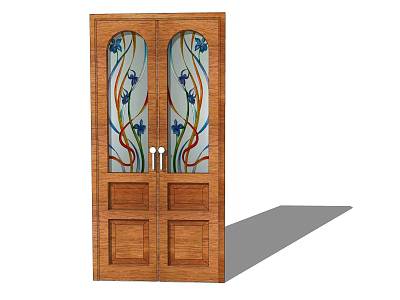 Wooden Double Doors With Stained Glass Panels And Colorful Floral Patterns 3d model