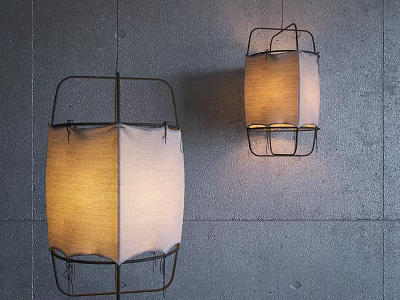 Modern Pendant Lights With Metal Frame And Fabric Shade Against Gray Wall 3d model