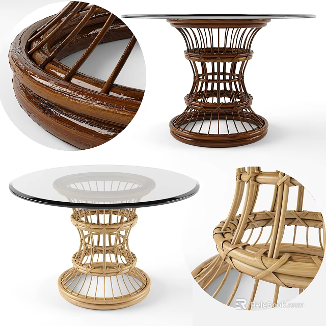 Rattan Dining Table With Woven Rattan Base And Glass Top Modern Design 3d model 