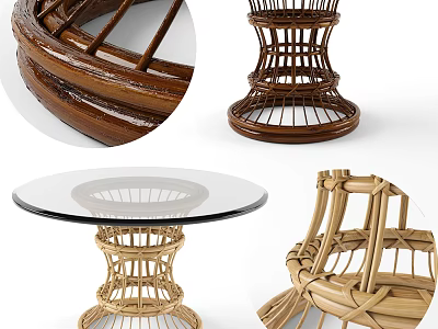 Rattan Dining Table With Woven Rattan Base And Glass Top Modern Design 3d model