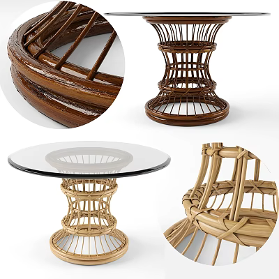 Rattan Dining Table With Woven Rattan Base And Glass Top Modern Design 3d model