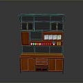 Modern Multi Tier Storage Furniture With Black Mesh Shelves And Wooden Cabinet Displaying White Cups