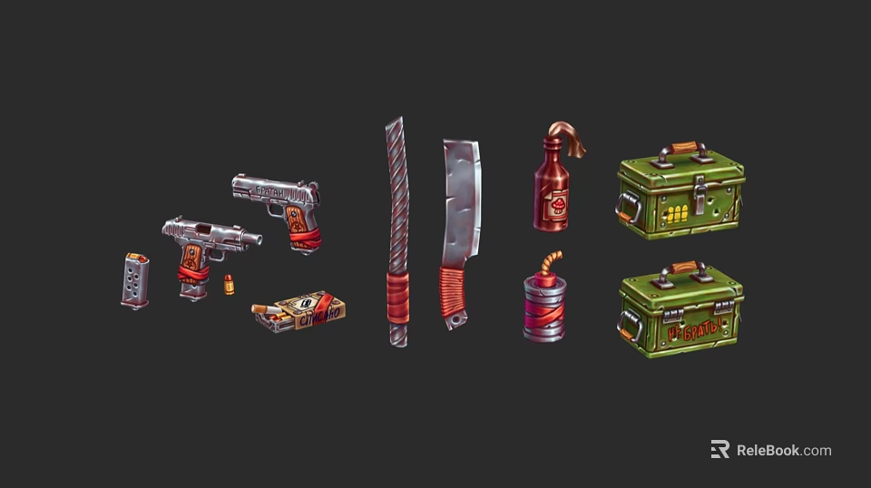 Collection of Vintage Weapons Including Pistols Knives Explosives and Crates 3d model 