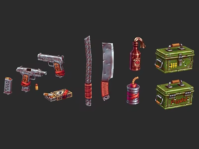 Collection of Vintage Weapons Including Pistols Knives Explosives and Crates 3d model