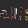 Collection of Vintage Weapons Including Pistols Knives Explosives and Crates