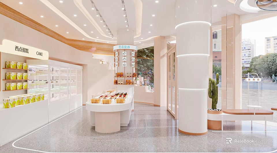 Bright Modern Dessert Shop Interior With Display Cases And Pastries 3d model 