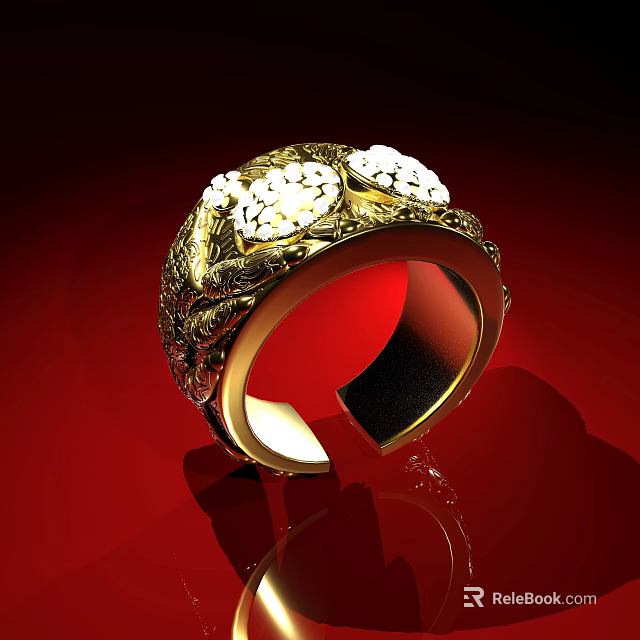Elegant Gold Ring With Intricate Carvings And Sparkling White Gemstones Design 3d model 