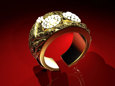 Elegant Gold Ring With Intricate Carvings And Sparkling White Gemstones Design 3d model