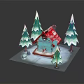 Small House with Red Roof Chimney and Blue Door Surrounded by Snowy Trees