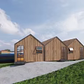 Three Adjacent Rustic Wooden Cabins on Green Grassland With Large Windows and White Sofas