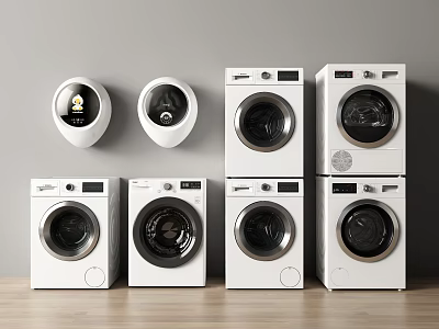 White Modern Washing Machines Various Types Wall Mounted And Freestanding On Gray Wall Wooden Floor 3d model