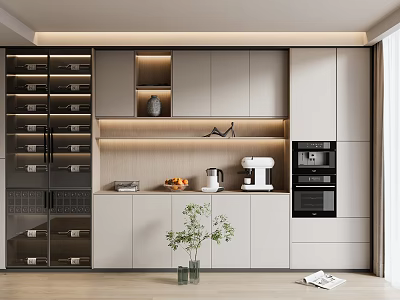 Modern Kitchen Interior Featuring Elegant Wine Cabinet With Built In Cabinets And Lighting 3d model