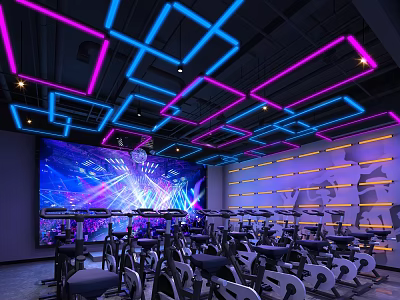 Modern Fitness Gym Interior With Spin Bikes Neon Lights Ceiling And Dynamic Workout Space 3d model