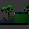 Layered Stepped Landscape Scene With Stone Walls Trees Grass And Waterfall