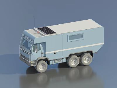 Light Blue Truck With Solar Panel On Roof And Multiple Wheels Design 3d model
