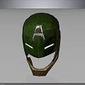 Green Superhero Character Helmet With Silver A Symbol And Glowing Eye Details