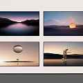 Four Wall Mounted Televisions Displaying Different Natural Scenery Including Lake Sunset Droplet And Desert