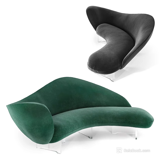 Modern Curved Velvet Sofa In Green Black With Acrylic Legs Design 3d model 