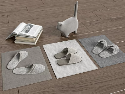Decorative Ornament Set with Slippers on Mats Books and Cat Figurine on Wooden Floor 3d model