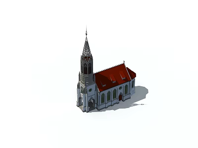 Classic European Architecture With Spire Red Roof White Walls And Arched Windows 3d model