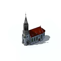 Classic European Architecture With Spire Red Roof White Walls And Arched Windows