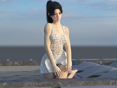 Woman In Floral Print Slip Dress Sitting On Stone Platform With Blue Sky 3d model