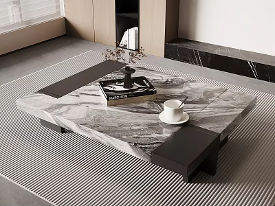 Modern Marble Top Coffee Table with Book Vase and Cup in Living Room 3d model
