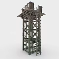 Rustic Wooden Watchtower With Green Flag And Elevated Frame Structure Design 3d model