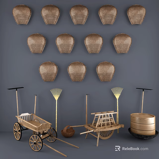 Vintage Garden Decor With Wall Hanging Wicker Baskets Bamboo Tools And Wheelbarrows 3d model 