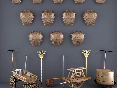 Vintage Garden Decor With Wall Hanging Wicker Baskets Bamboo Tools And Wheelbarrows 3d model