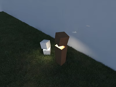 Lit Outdoor Lights in White Cube and Brown Rectangular Shapes on Grass Near White Wall 3d model