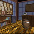 Cozy Office Interior Design With Blue Plaid Walls Bulletin Board Wooden Counter Telephone And Bookshelf