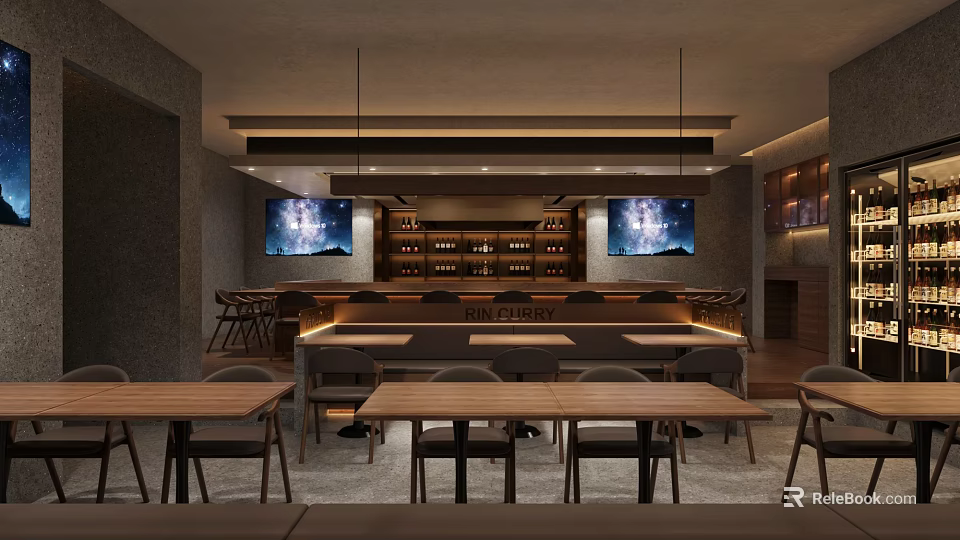 Modern Restaurant Interior With Wooden Tables Chairs Bar Counter Wine Racks And TV Screens 3d model 
