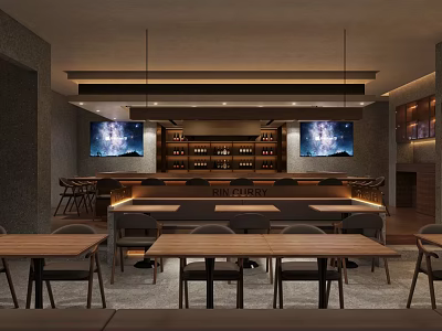 Modern Restaurant Interior With Wooden Tables Chairs Bar Counter Wine Racks And TV Screens 3d model