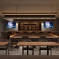 Modern Restaurant Interior With Wooden Tables Chairs Bar Counter Wine Racks And TV Screens