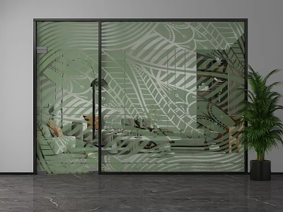 Glass Door With Leaf Pattern And Potted Plant In Modern Interior 3d model
