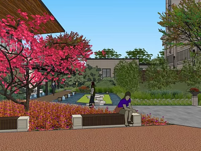 Serene Garden Landscape With Pink Flowering Tree Bench Water Feature Greenery And Building 3d model