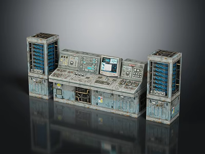 Industrial Control Console With Control Panels Display Screen And Worn Metal Cabinets 3d model