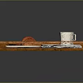 Delicious Croissant And Coffee On Wooden Tray With Newspaper And Utensils