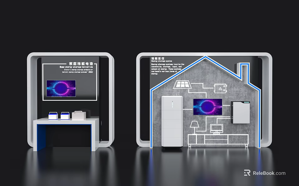 Modern Exhibition Island Featuring Screen Purple Display House Diagram and White Objects 3d model 
