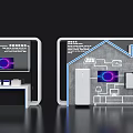 Modern Exhibition Island Featuring Screen Purple Display House Diagram and White Objects