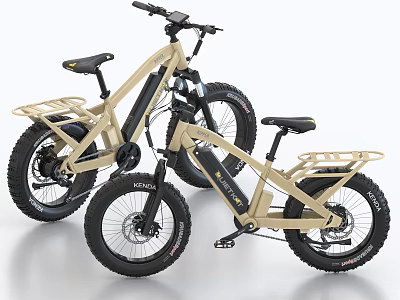 Two Beige Electric Bikes With Robust Tires And Cargo Racks 3d model